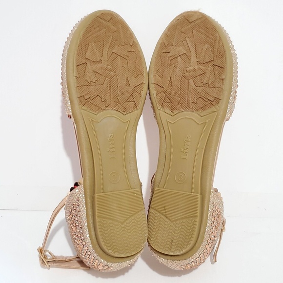 Girl's Ballet Strap Flat Formal Party Shoes Size 3 Golden Sparkly Embellished - Picture 7 of 7